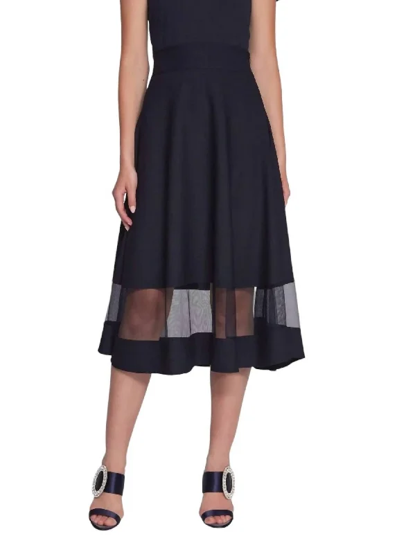 Scuba Crepe And Mesh Flared Skirt In Midnight Blue