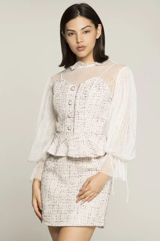 Cream Bell Sleeves Tie Up Collar Tweed Top and Bottom