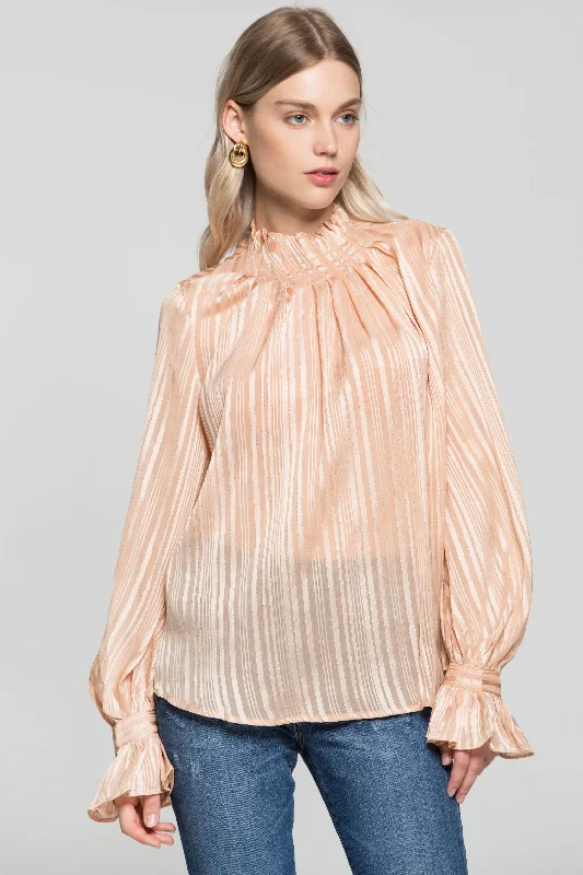 Cream Gold Iridescent Striped Flounced Sleeves and Neck Top