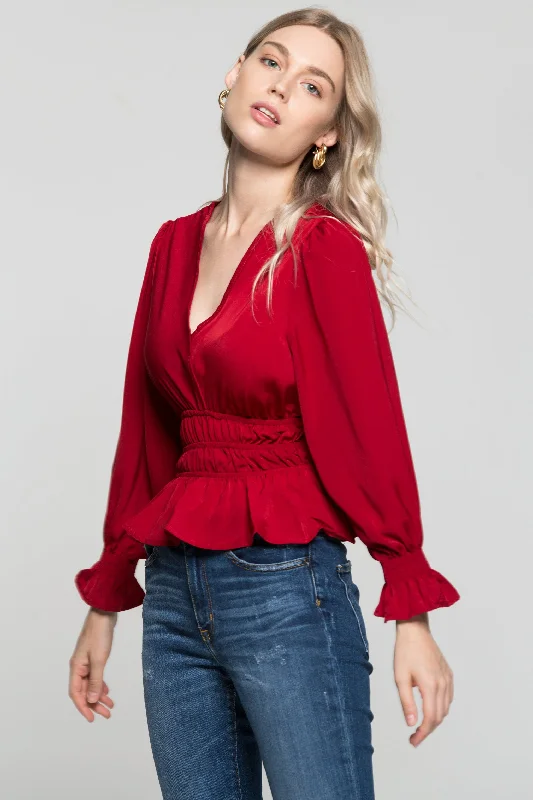 Crimson Red Smocked Waist Peplum Top