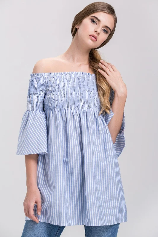 Denim Blue Vertical Stripe Elastic off the shoulder Empire Tunic Top