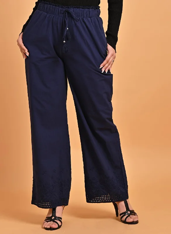 Maya Navy Blue Embroidered Relaxed Fit Cotton Palazzos for Women