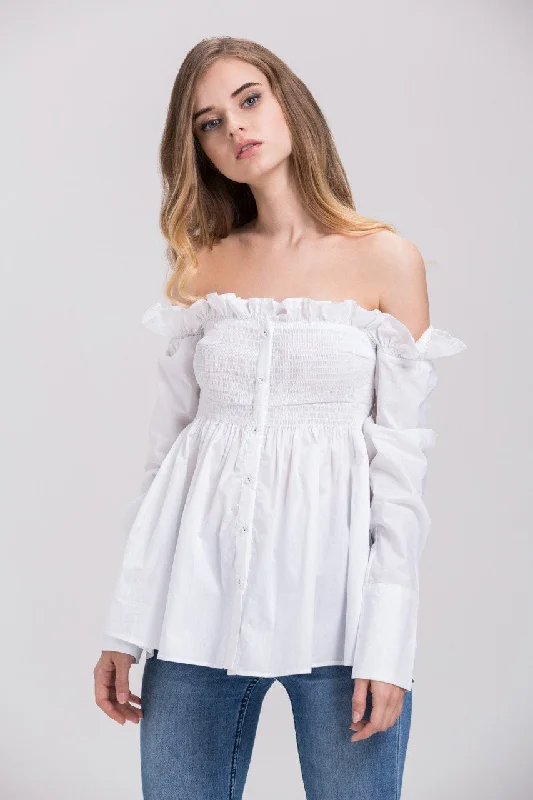 Dima Al Sheikhly - White Elastic Long Sleeves Button Up Off the Shoulder Top