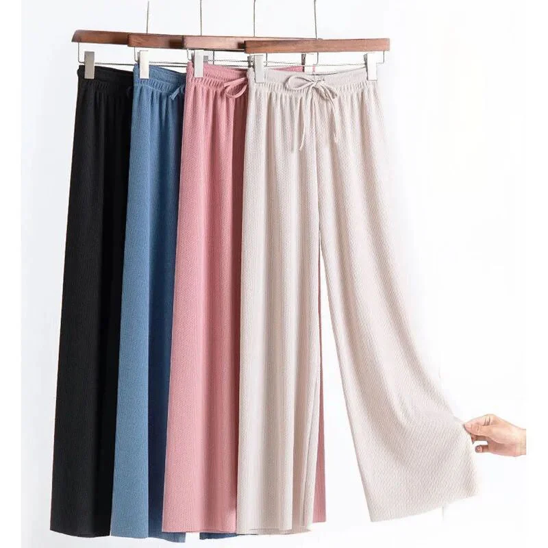 Amy Fashion - New Ladies Ice Silk Light Wide Leg Trousers