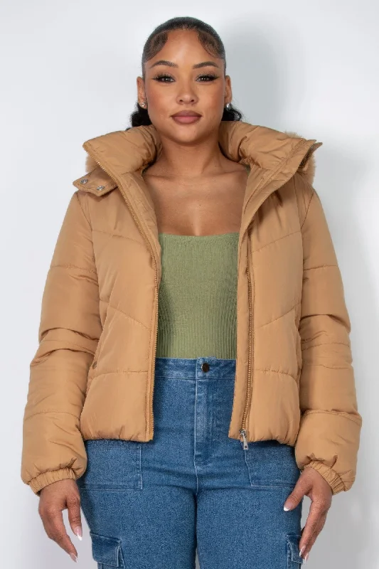 Insulated Zip-up Faux Fur Hooded Jacket