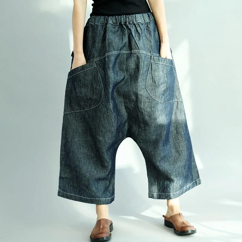 New Dark Denim Blue Casual Cotton Pants Elastic Waist Stylish Pants