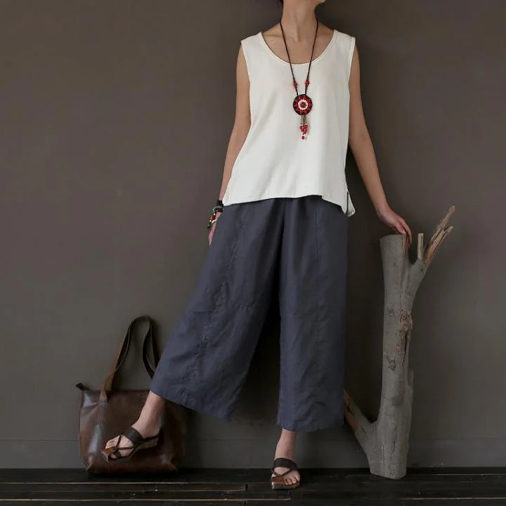 new  gray stylish linen wide leg pants oversize crop pants