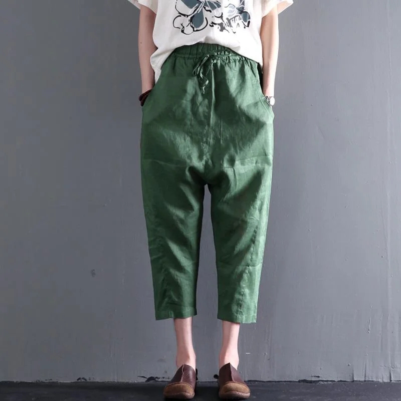 Plus size green women linen summer pants pockets crop pants