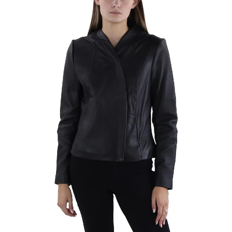 Tahari Womens Leather Long Sleeve Leather Jacket