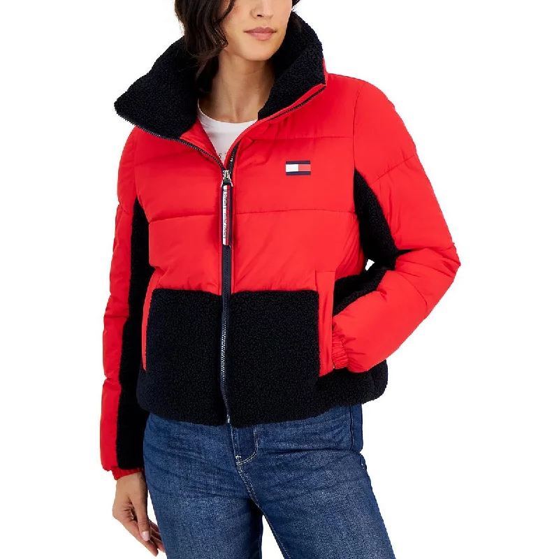 Tommy Hilfiger Womens Faux Fur Trim Colorblock Puffer Jacket