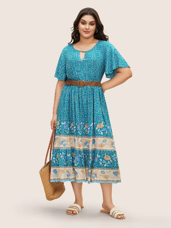 Bandana Keyhole Ruffle Sleeve Midi Dress