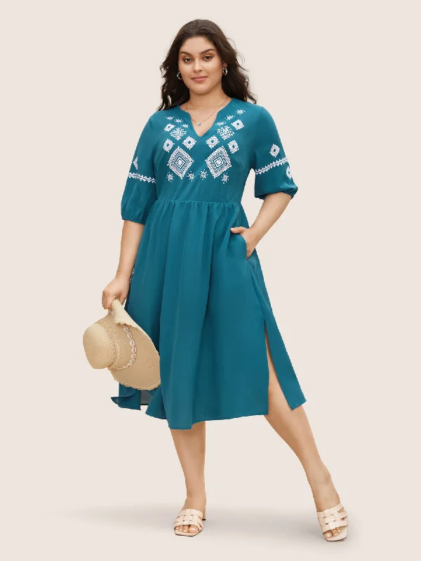 Bandana Notched Collar Split Hem Midi Dress