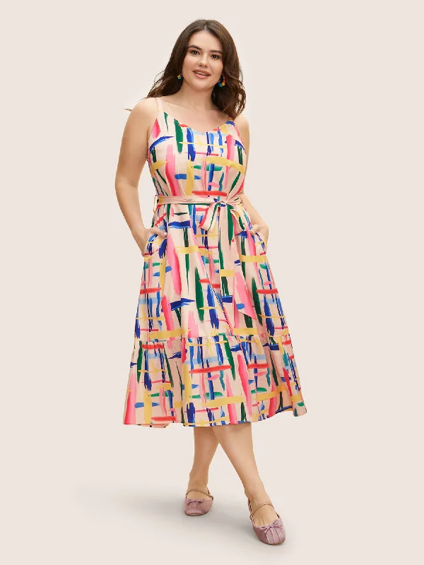 Colored Brush Print Belted Midi Cami Dress