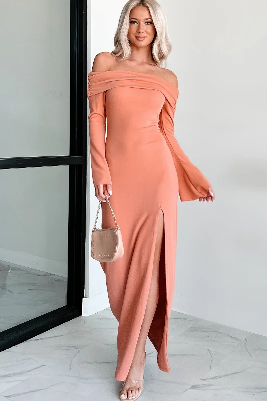 Cue The Drama Off The Shoulder Maxi Dress (Coral)