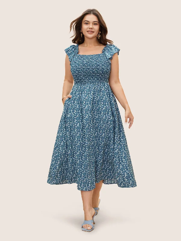 Ditsy Floral Square Neck Ruffles Shirred Midi Dress