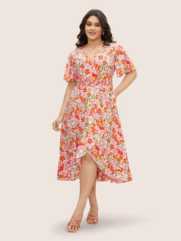 Floral Shirred Wrap Hem Ruffle Sleeve Midi Dress