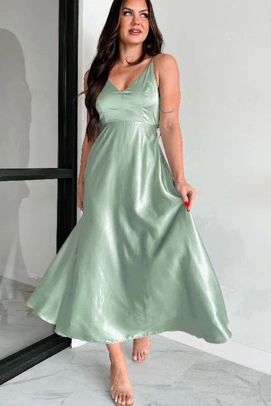 Luxurious Poise Satin Midi Dress (Pastel Sage)