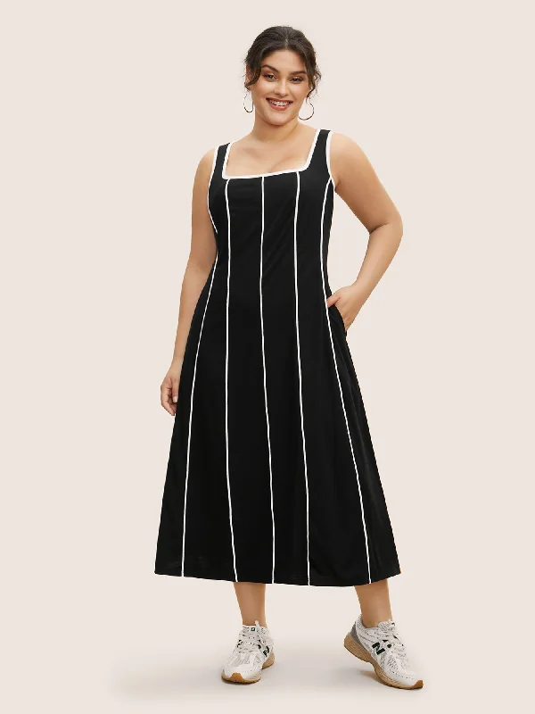 Square Neck Contrast Trim Midi Dress