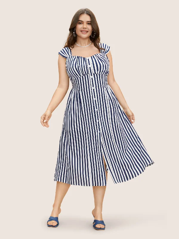 Striped Button Detail Split Front Midi Dress