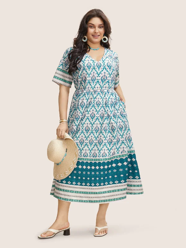 V Neck Boho Print Ruffle Sleeve Midi Dress