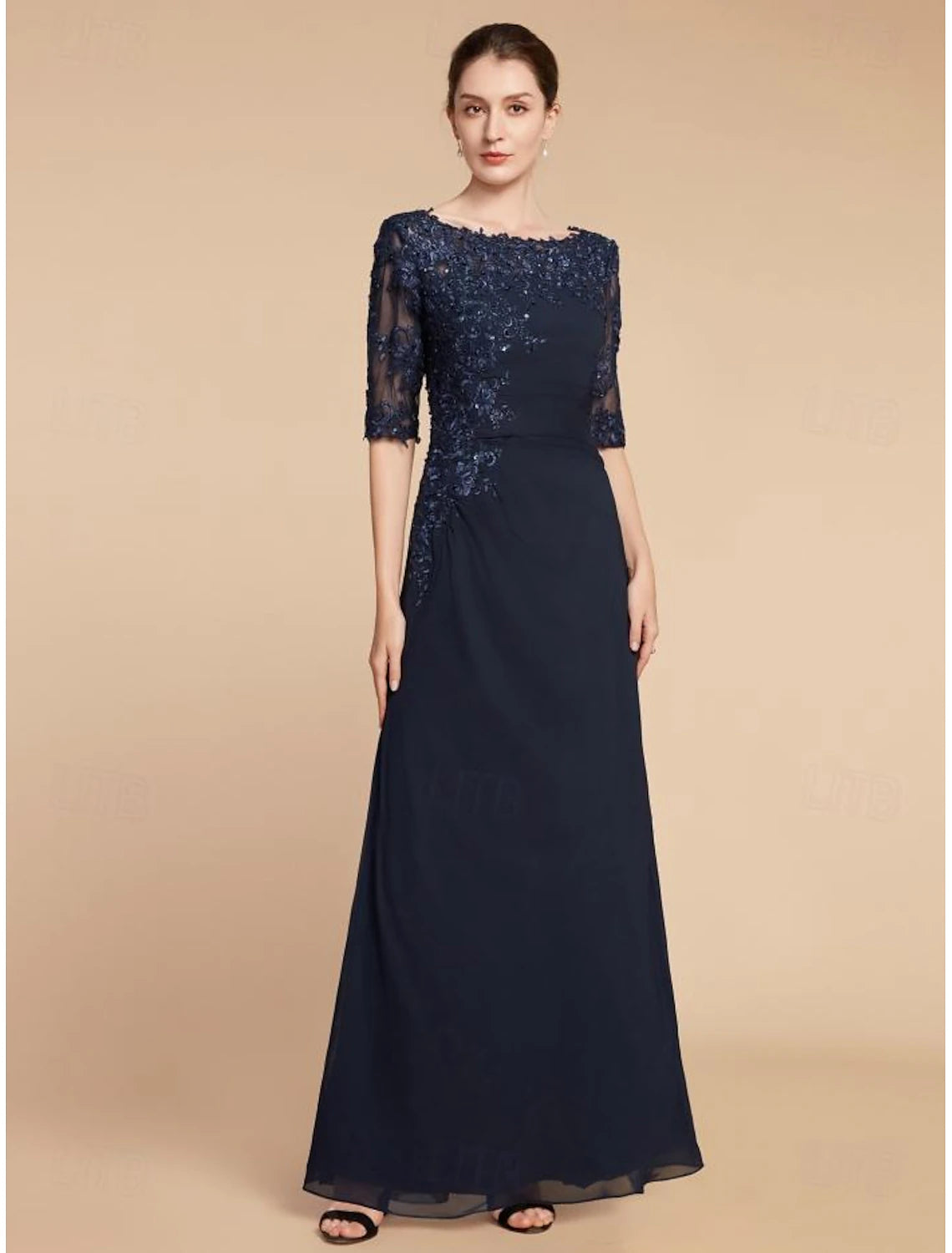 Column Wedding Guest Elegant Scoop Neck Ankle Length Chiffon Lace Half Sleeve with Sequin Solid Color Mother of the Bride Dress 