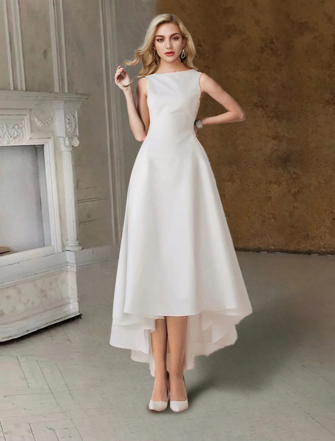 Hall Little White Dresses Wedding Dresses A-Line Scoop Neck Sleeveless Tea Length Satin Bridal Gowns With Pleats Solid Color