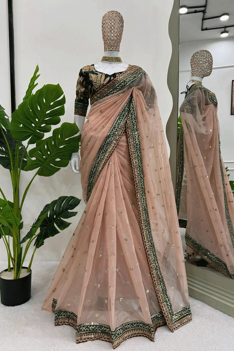 Peach Colour Saree With Contrast Blouse For Wedding