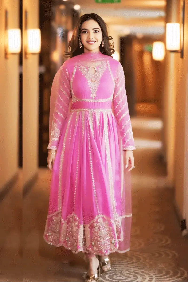 Pink Color Jasmin Bhasin Wedding Anarkali Gown With Dupatta