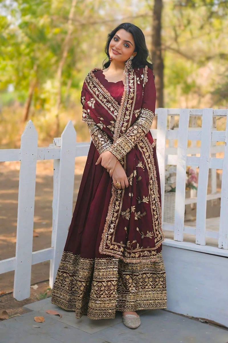 Traditional Maroon Gown With Golden Embroidery For Wedding