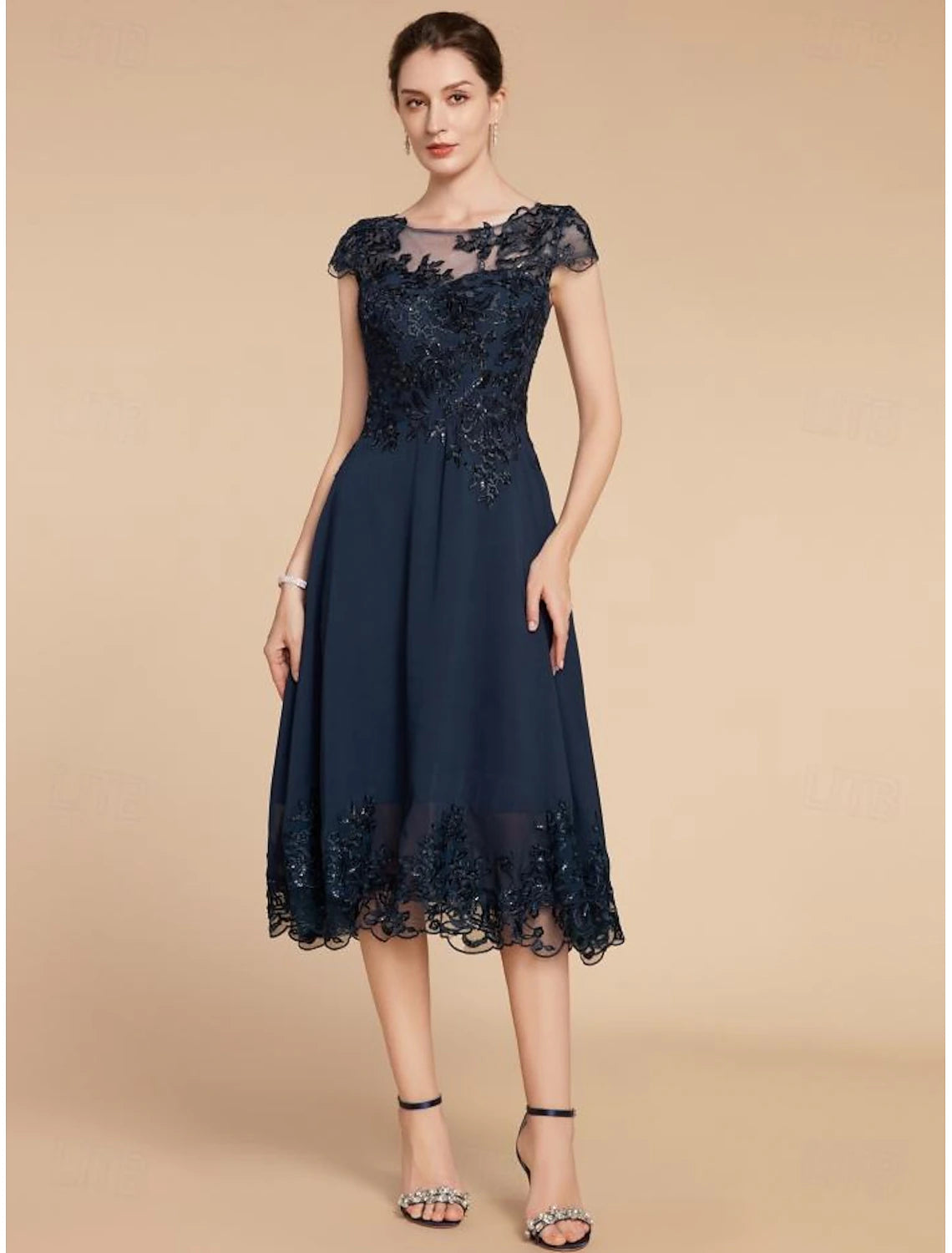 Wedding Guest Elegant Petite Scoop Neck Tea Length Chiffon Lace Cap Sleeve with Sequin Solid Color Mother of the Bride Dress 